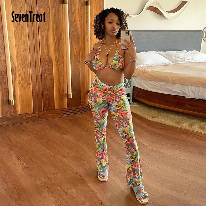 

Floral Print Tracksuit Two Piece Set Women Halter Crop Top+Pants Matching Suits Sexy Women Outfit Skinny Clothes Beachwear