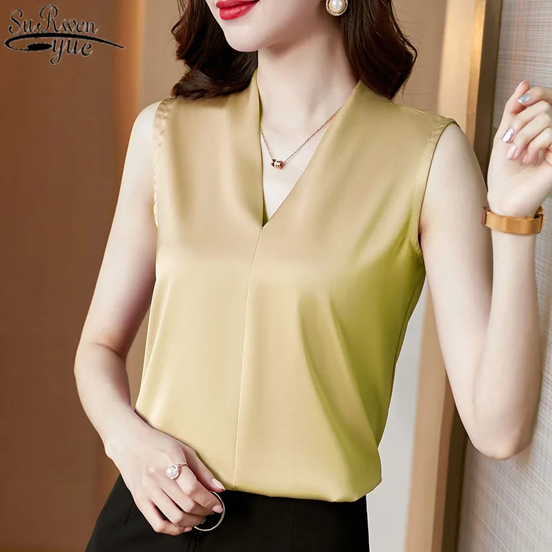 

2021 Summer Sleeveless Satin Women Blouse and Tops Casual Solid Color V Neck Women Clothing Plus Size Ladies Shirts 13381