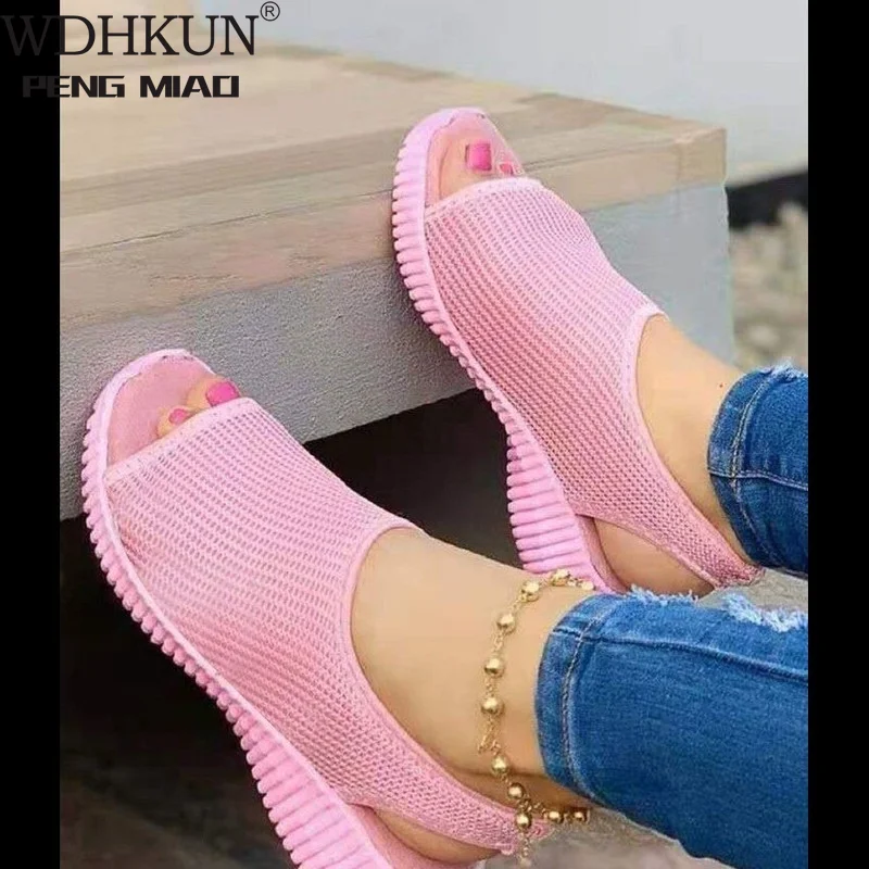 

2021 Women's Fashion Casual Pure Color Knitted Mesh Printed Flat-Bottom Comfortable Trend All-match Summer Sandals