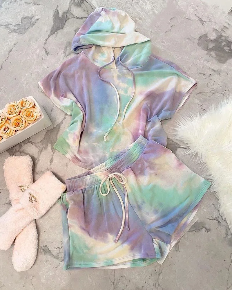 Donsignet Summer New Tie Dye Print Homewear O-Neck Short Sleeve Shorts Pajamas Two-piece Suit Woman Pijama Set
