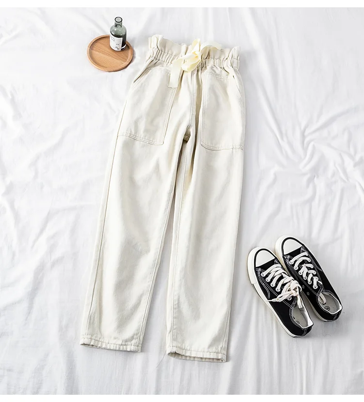 beige white pants Neploe гофрированные плиссированные Стрейчевые джинсы с высокой талией весна осень женские белые черные синие джинсовые брюки корейские свободные джинсовые штаны - Цвет: beige white pants