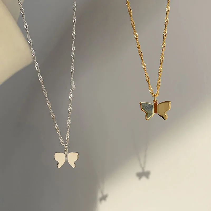 

925 Sterling Silver Personality Butterfly Pendant Necklace Gold Plated Necklace Geometric Clavicle Chain Necklace For Women