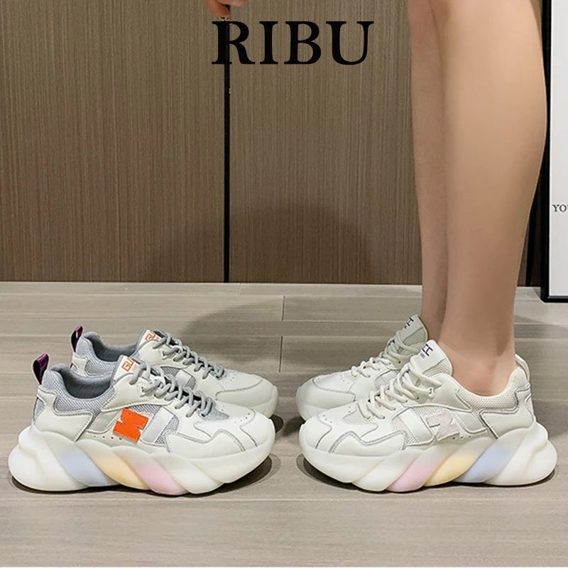 

Thick-soled heightening casual leather sneakers platform shoes