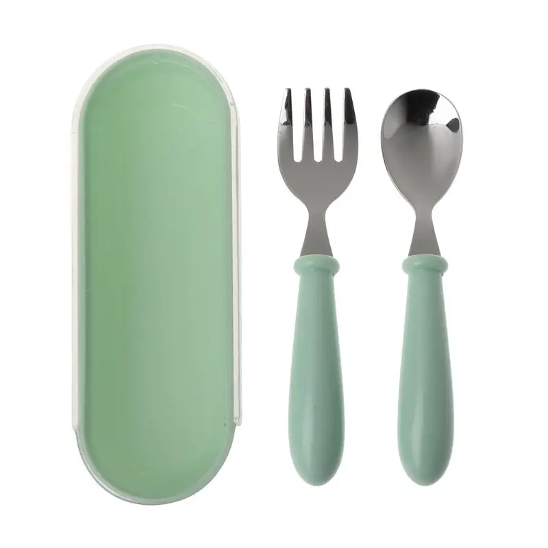 

2pcs/lot Baby Feeding Spoon Fork Set Stainless Steel Toddler Infant Tableware Flatware Kids Cutlery with Ant-Dust Box