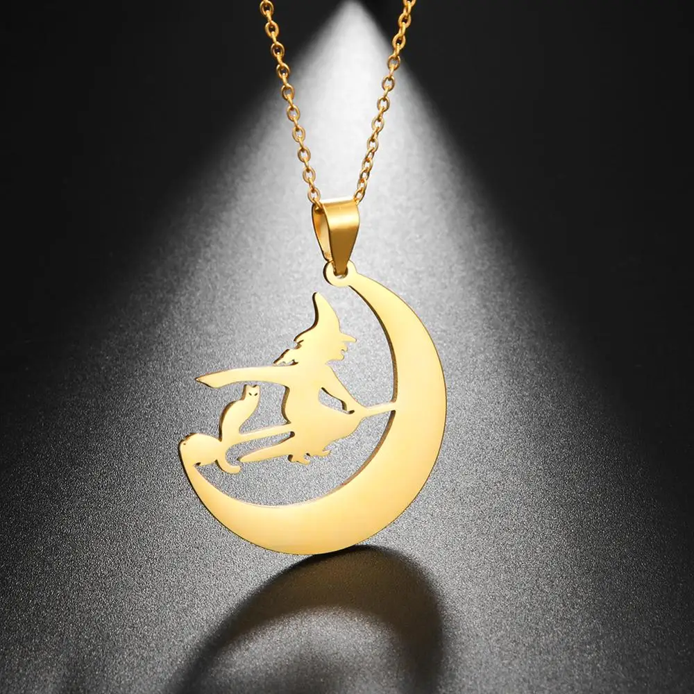 My Shape ожерелье с ведьмой метла кошка из нержавеющей стали лунные ожерелья для