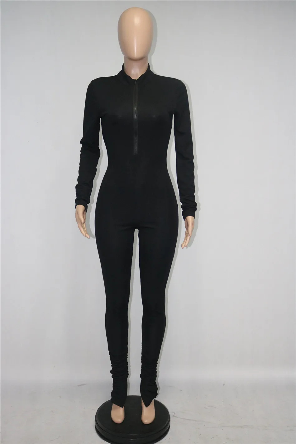 

Women Solid Jumpsuit S-XXL New Autumn/Spring Sexy Full Sleeve Zipper Jumpsuits Pleated Tight Jumpsuits