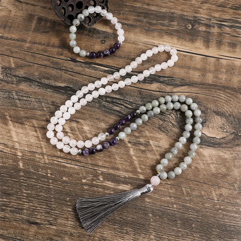 Ожерелье и браслет из натурального белого нефрита лабрадорита аметиста 8 мм 108