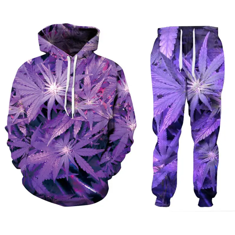 

CJLM New Men/Women's Purple Weed 3D Print Fashion Tracksuits Crewneck Hip Hop Sweatshirt Pants 2 Pcs Set Hoodies Couple Clothing
