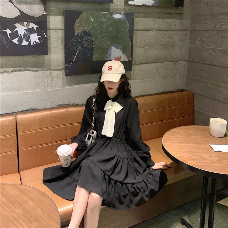 

College Style New Dress For Female Student Korean Loose Spring And Autumn Hepburn style bow dress