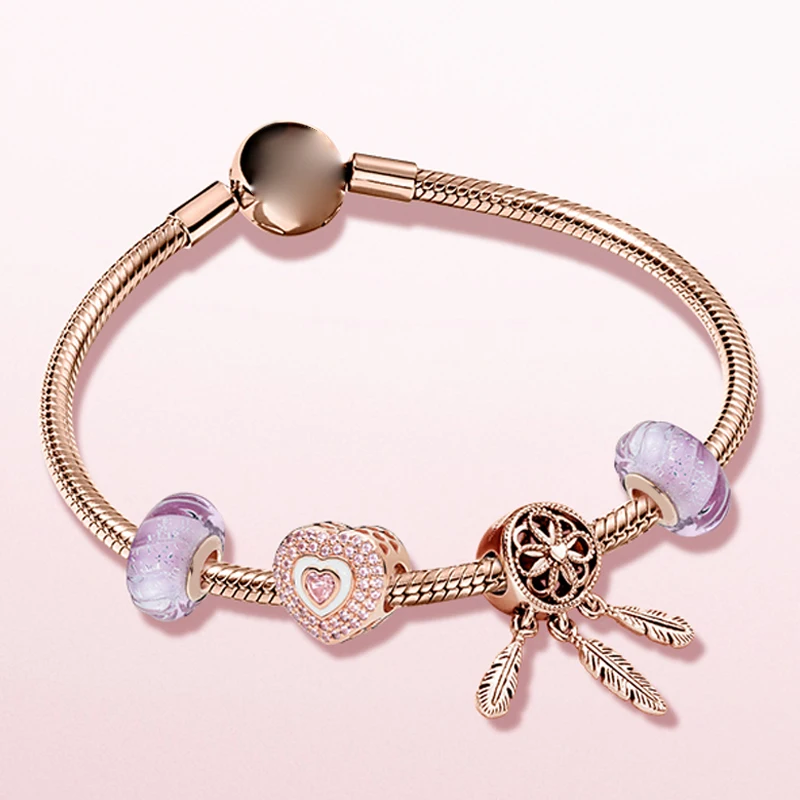 

2020 100% 925 Sterling Silver Sweet Dreams Glass Heart-Shaped Dreamcatcher Charm Strings Rose Gold Bracelet Set Free Shipping