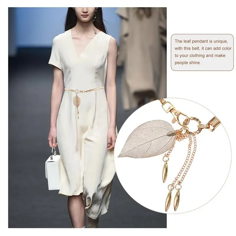 

1pc Elastic Dress Waist Belt Fashion Lady Metal Leaf Pendant Waist Belt