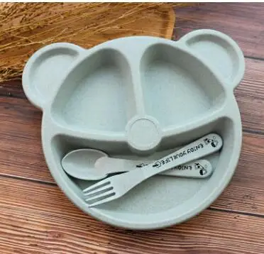 blue plate set 3 шт./компл. пшеничной соломы посуда Носки с рисунком медведя из мультика детская посуда для детей с суповую тарелку, производство Китай детская тарелка вилка ложка для грудничков, набор посуды - Цвет: blue plate set