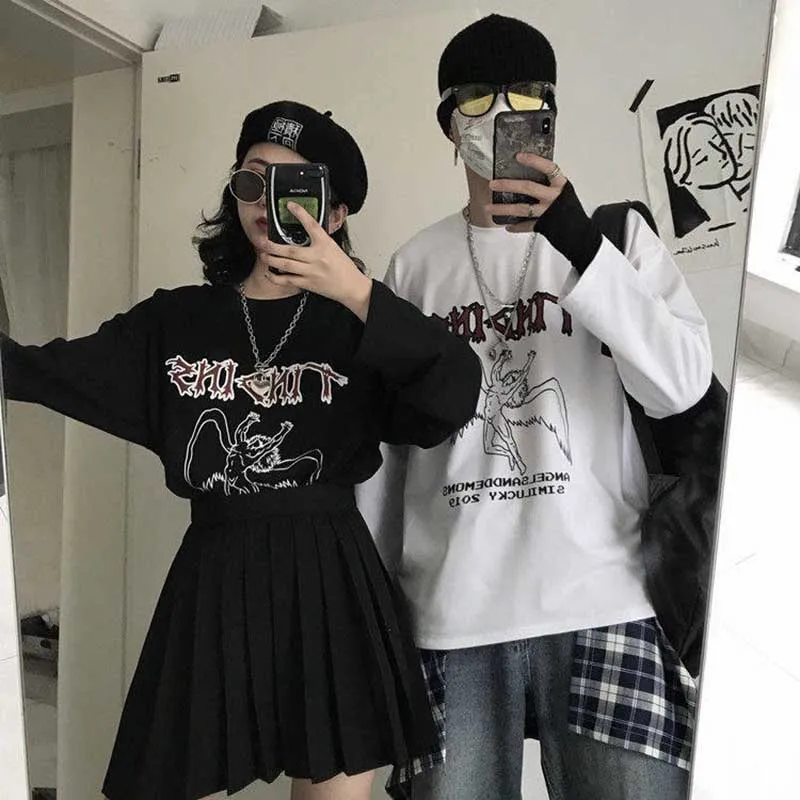 NiceMix весна корейский осень ulzzang Харадзюку улица хип-хоп Темный Ретро Ангел печать футболка ins модная свободная повседневная женская