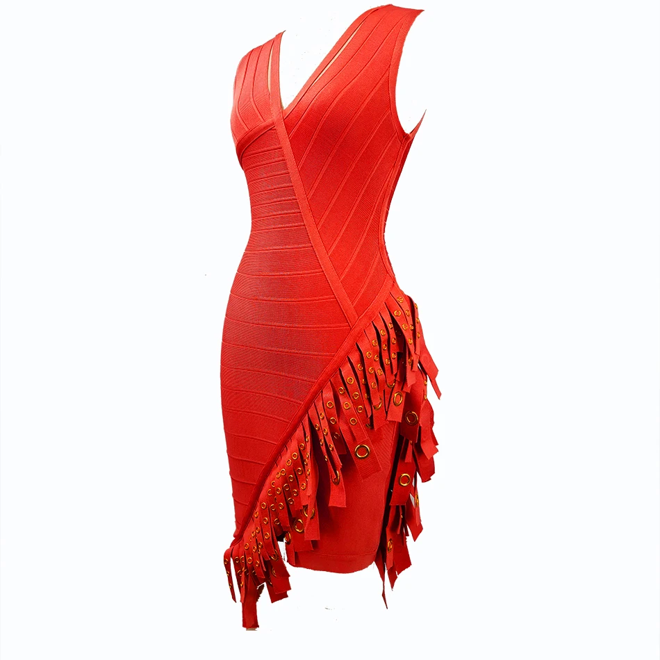 Женское Бандажное платье без рукавов с v образным вырезом и кисточками вечерние