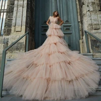 temperament wedding dress v neck sleeveless multi layer cake prom dress ruffle tulle formal evening dresses ball gown customized