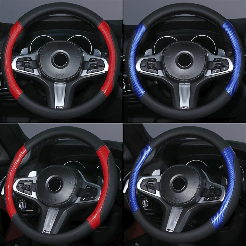 

Car Leather Steering Wheel Cover Bright Carbon Fiber PU Leather Auto Steering-wheel Decorative Case Fit for 38cm Car-styling