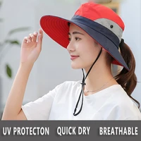 women outdoor uv protection bucket hat foldable mesh wide brim beach hiking fishing hat for women summer sun hats ponytail