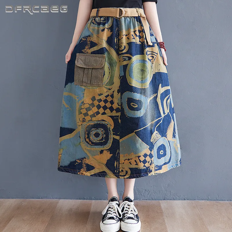 

Loose Vintage Abstract Print Women‘s Denim Maxi Skirts With Belt 2021High Waist Retro Summer Long Skirt Jeans Feamle