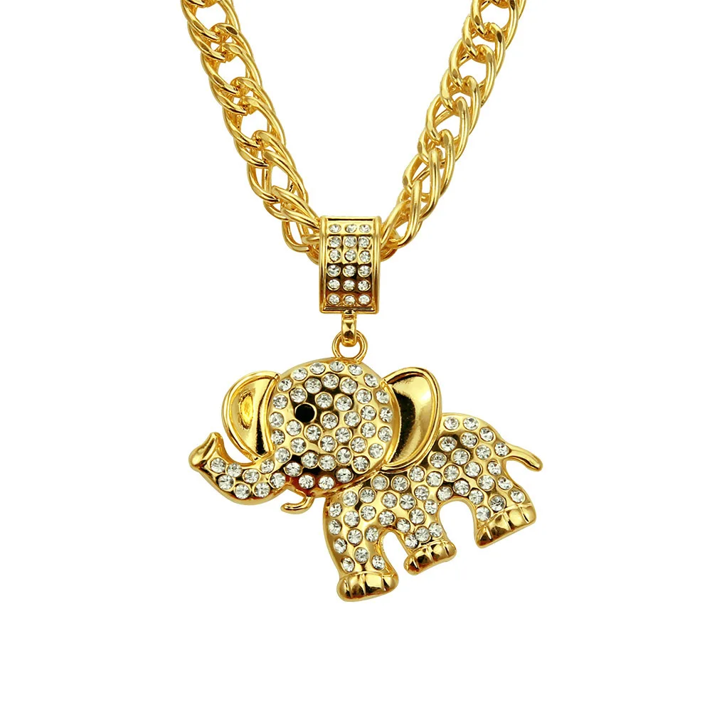 

Mens Hip Hop Jewelry Cuban Link Chain Gold Cartoon Elephant Pendant Necklace Fashion Iced Out Animal Charm Gifts for Men Women