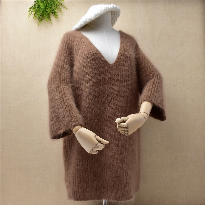 

Повседневный Модный женский Зимний пуловер средней длины из меха норки и кашемира с v-образным вырезом и длинными свободными расклешенными ...