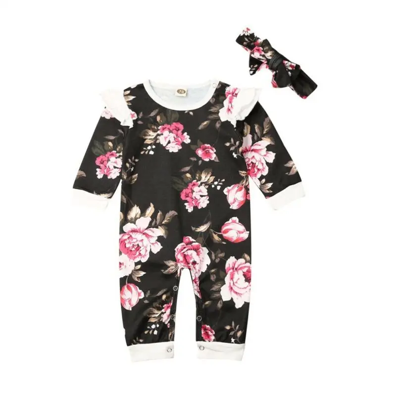 

Baby Romper 2019 Newborn Clothes Baby Girl Floral Long Sleeve Romper Jumpsuit Headband 2pcs Outfit Set Baby Autumn Clothes