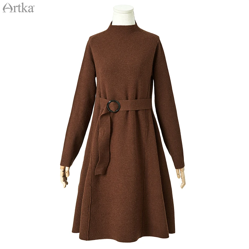 ARTKA Осень Зима Новое Женское платье Элегантное однотонное вязаное платье с высоким воротником платье с длинным рукавом LB10191D