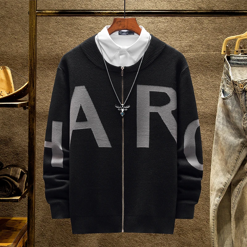 

Spring Autumn Black Casual Knitted Sweaters Letter Graphics Korean Fashion Harajuku Streetwear Mens O-Neck Zipper Cardigan Coats