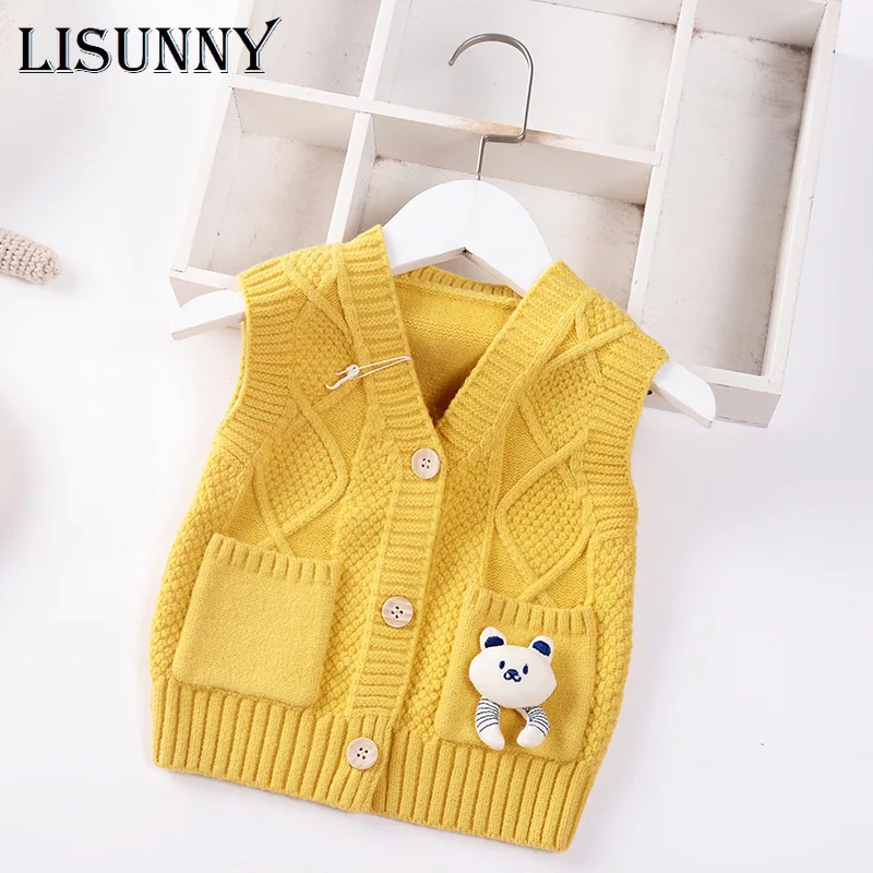 

2021 Autumn Spring New Kids Boys Sweater Vest Children Clothing Coat Baby Cotton Top Toddler Boy Cardigan Vest 1-5y Cartoon Bear