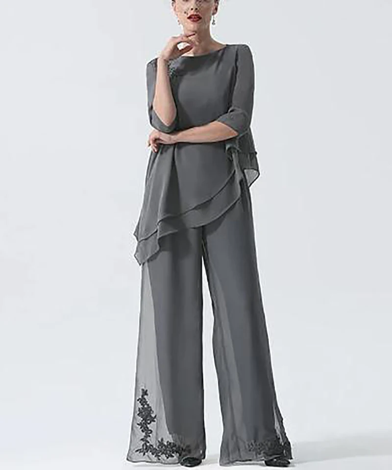 

Pantsuit / Jumpsuit Mother of the Bride Dress Plus Size Jewel Neck Floor Length Chiffon 3/4 Length Sleeve with Draping 2021