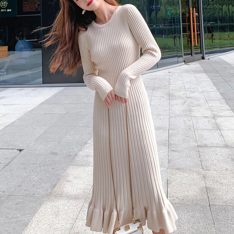 Корейское женское осень платья женские вязаное платье свитер теплое трикотажное