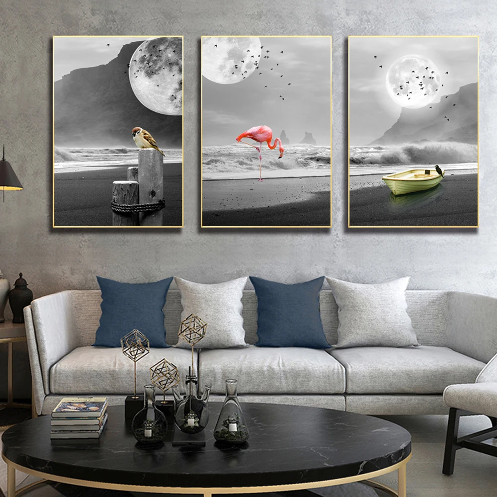 

Картина на холсте, в скандинавском стиле, черно-белая, с изображением лодки, фламинго