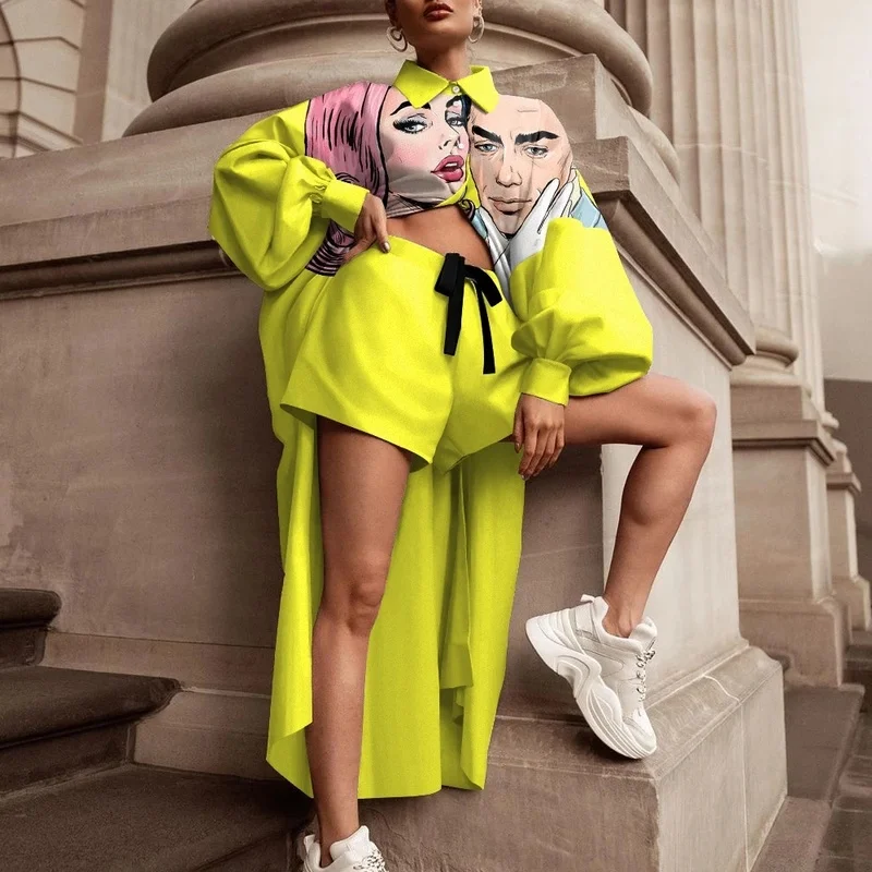 

Женский спортивный костюм из 2 предметов, Длинная блузка с мультяшным принтом, топ и шорты на шнуровке, уличная одежда на осень