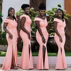 Платье подружки невесты кораллового цвета 2021 с открытыми плечами в африканском стиле с боковыми Русалка Свадебная вечеринка подружки невесты с низким вырезом на спине и кнопки