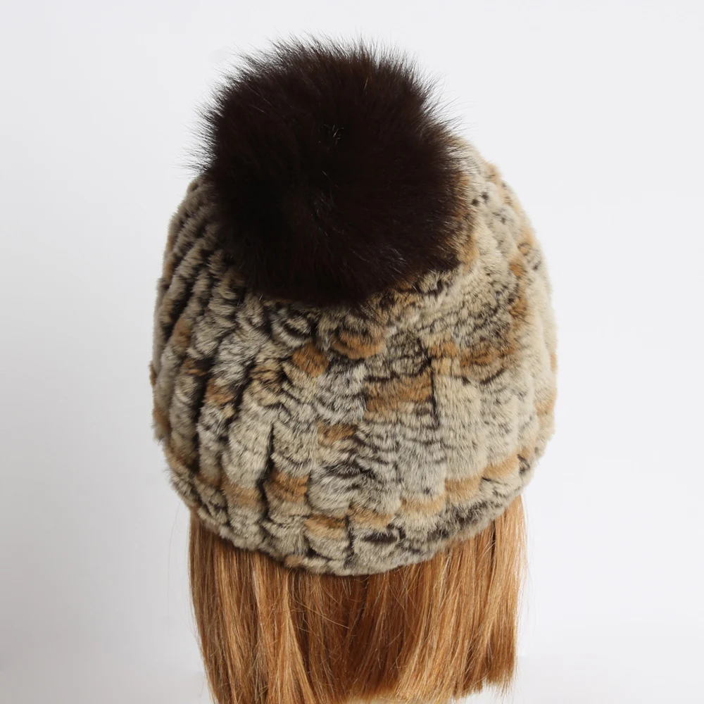 Женская вязаная шапка из натурального меха кролика Рекс зимняя высокая