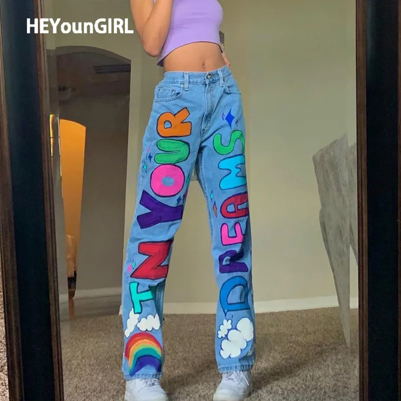 Прямые джинсы HEYounGIRL с надписью женские синие длинные брюки высокой талией Модные
