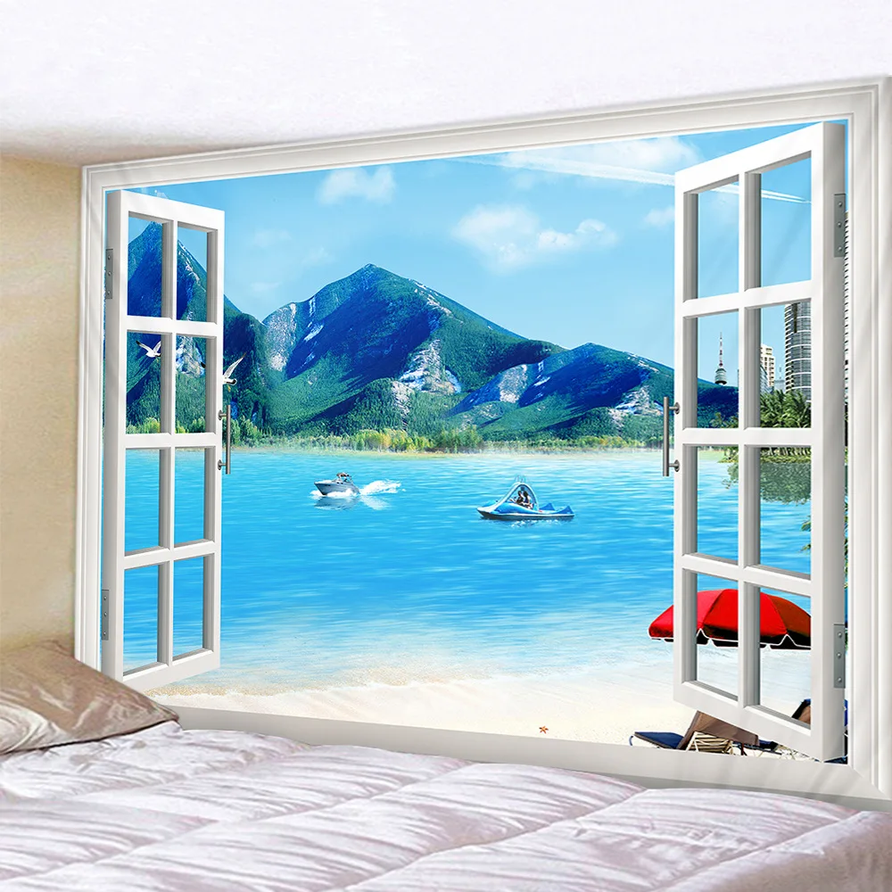 Настенный гобелен с изображением пейзажа снаружи окна дешевый хиппи настенный