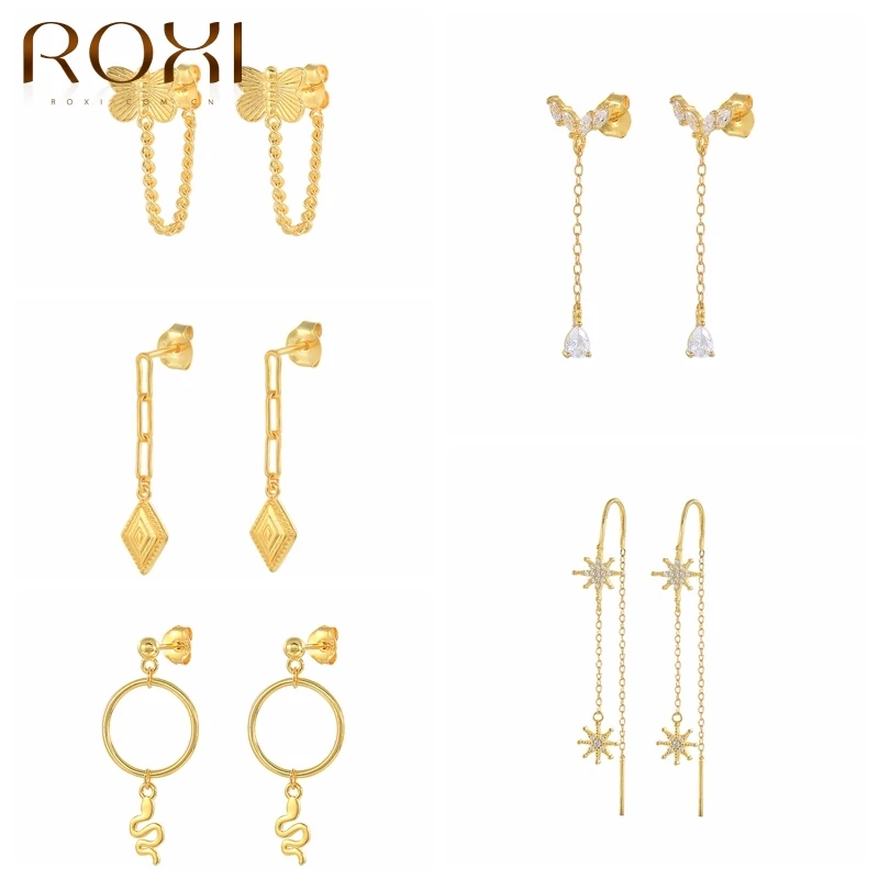 

ROXI Chain Pendientes Stud Earrings For Women 925 Sterling Silver Butterfly/Snake/Rhombus Earrings Huggie Hip Hop Fine Jewelry