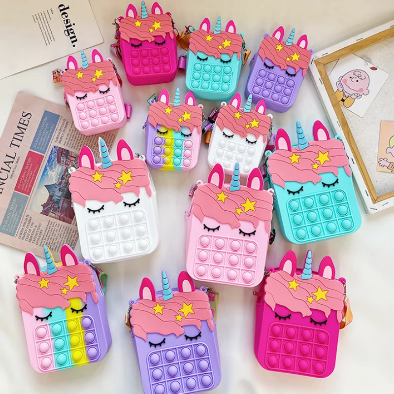 Boys Girls Unicorn Bag New Children Silicone Bubble Puzzle Decompression Toy Bag Kids Wallet Shoulder Bag