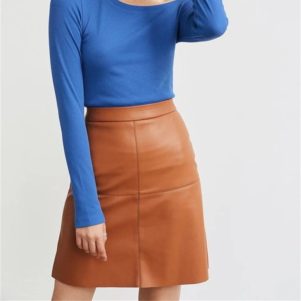 

MOARCHO Casual PU Leather Skirt Women High Waist Zipper A-Line Mini Skirt Office Lady Party Club 2021 New Fashion