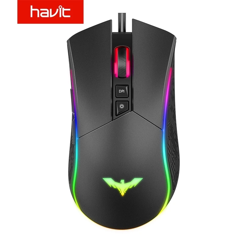 Havit-Ratón gaming con cable, dispositivo USB ergonómico programable, 4800 DPI, 7 botones y