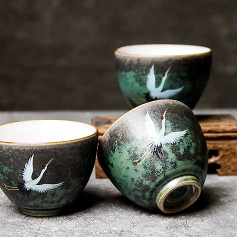 Japanese Style Retro Handmade Ceramics Mug Hand Painted Crane Tea Cup Kung Fu Set | Дом и сад