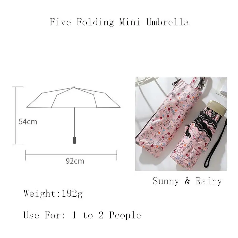 Женский Компактный Зонт от дождя с цветочной вышивкой складывается в пять раз