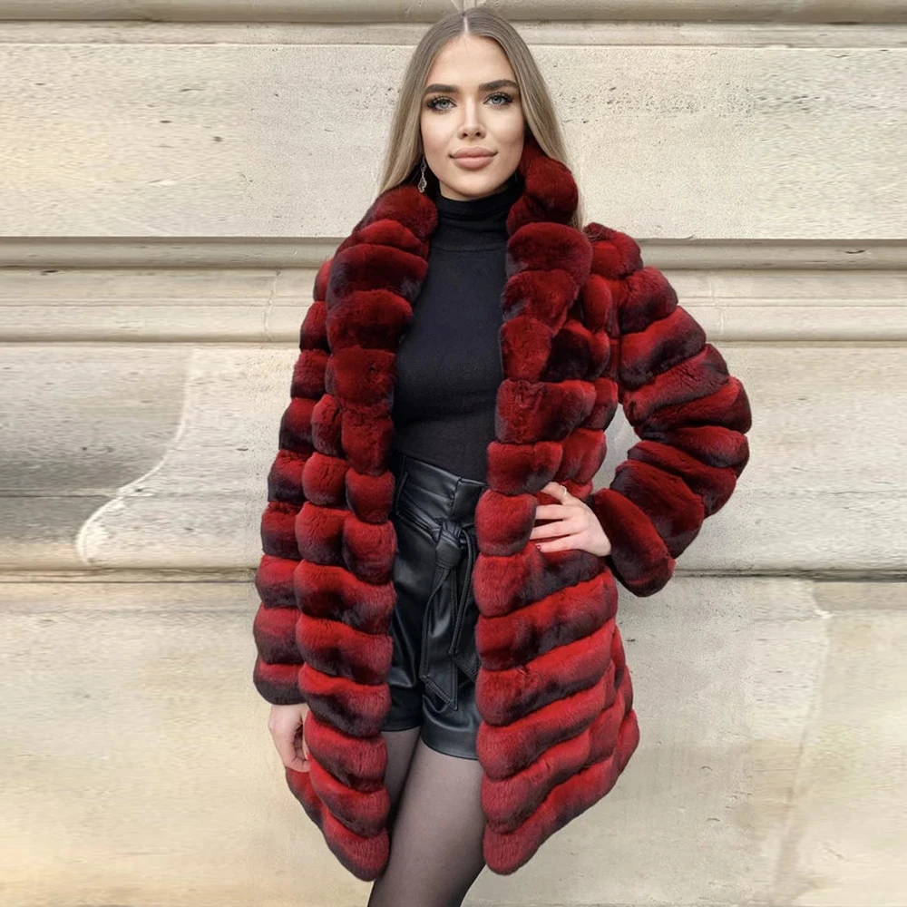 Medium Length Natural Rex Rabbit Fur Coats for Women Winter High Quality Red Color Genuine Rex Rabbit Fur Coat Outwear Female enlarge