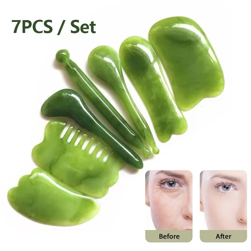 

7pcs Jade Massagers For Face Body Gua Sha Scraper Beauty Facial Roller Set Natural Gouache Stone Massage Slimming Skin Care Lift