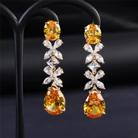 yellow crystal flower drop earrings for women pave cubic zirconia water drop dangle 2022 trend long petal earring brand jewelry