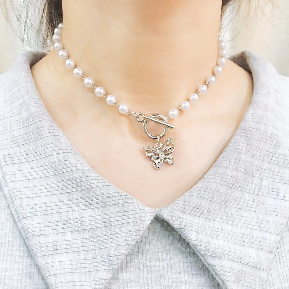 Женское колье с подвеской бабочкой серебряное ожерелье жемчугом чокер на