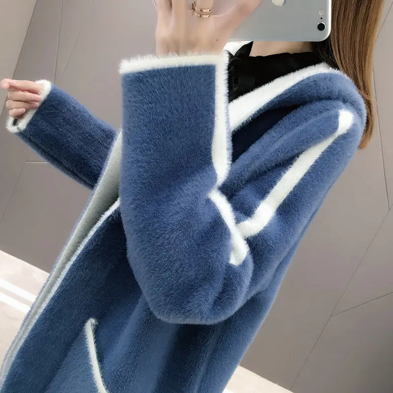 

Women 2021 Autumn Winter New Long Mink Velvet Jackets Female Thicken Warm Cardigan Coats Ladies Hooded Sweater Outwear R520