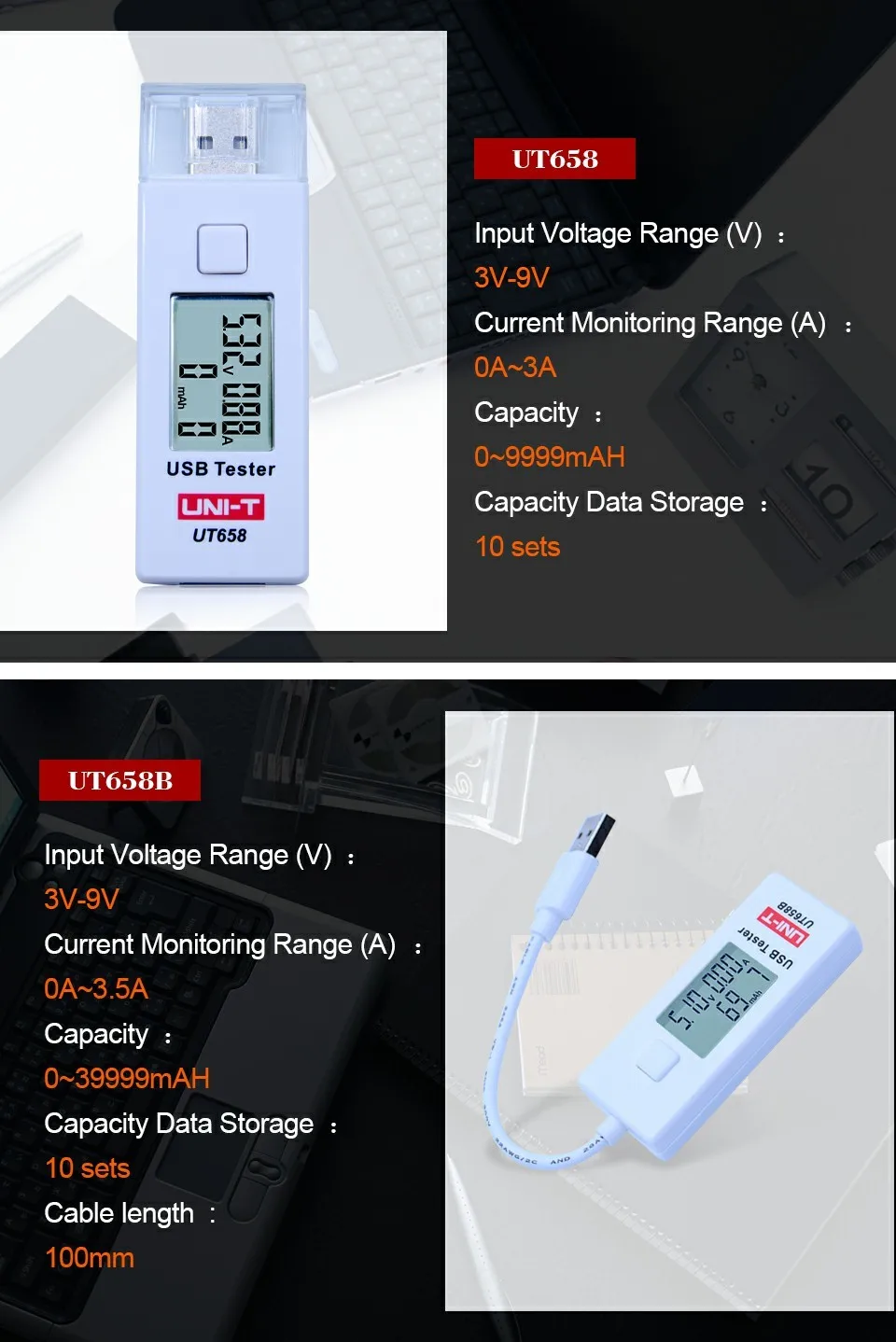 UNI-T UT658 UT658B USB Тестер Вольтметр Амперметр цифровой ЖК-монитор напряжения измеритель тока измеритель емкости 9 в 3 А с подсветкой