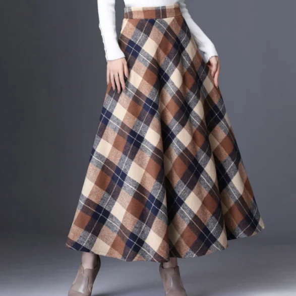 Винтажная шерстяная клетчатая юбка для женщин 2020 Осенняя с высокой талией макси