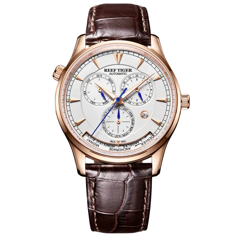 

Reef Tiger/RT World Time Watches With Date Day Month Rose Gold Leather Strap Watch Double Time Mens Automatic Watch RGA1951